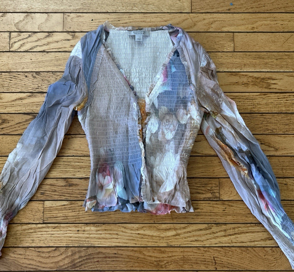 AllSaints Blue Smocked Blouse Ruffle Textured Romantic Top Woman Size 4